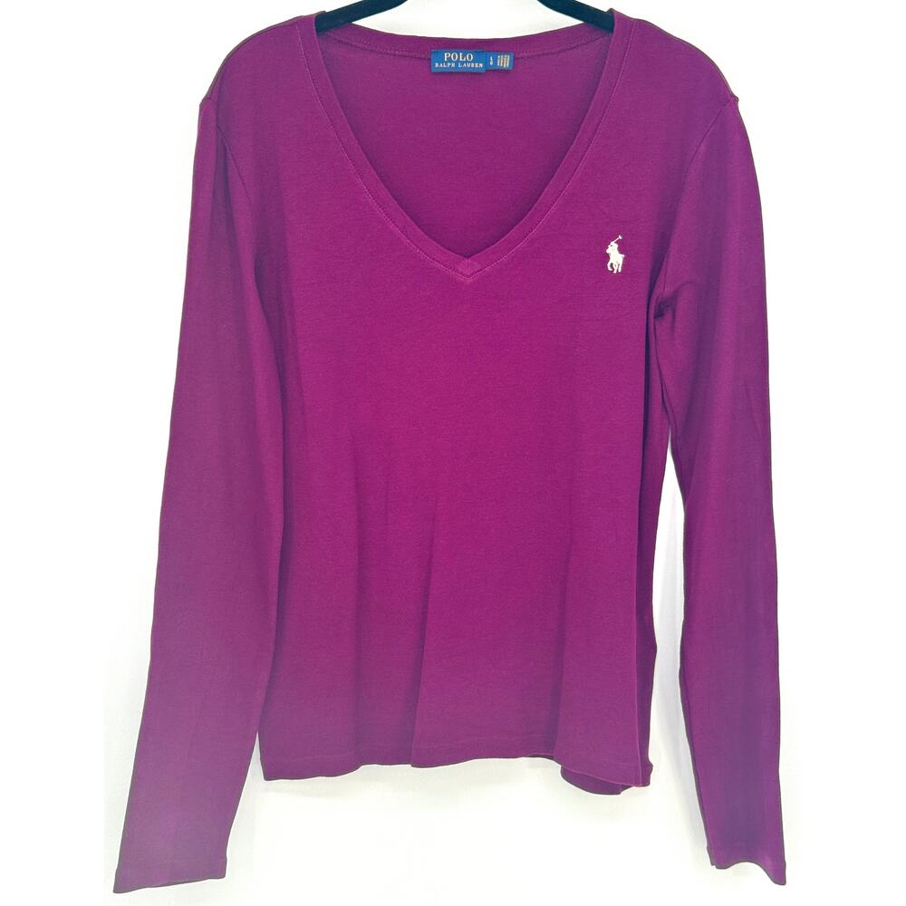 POLO Ralph Lauren Plumb Burgundy V Neck Long Sleeve Top Cotton Classic Preppy L - Picture 2 of 6